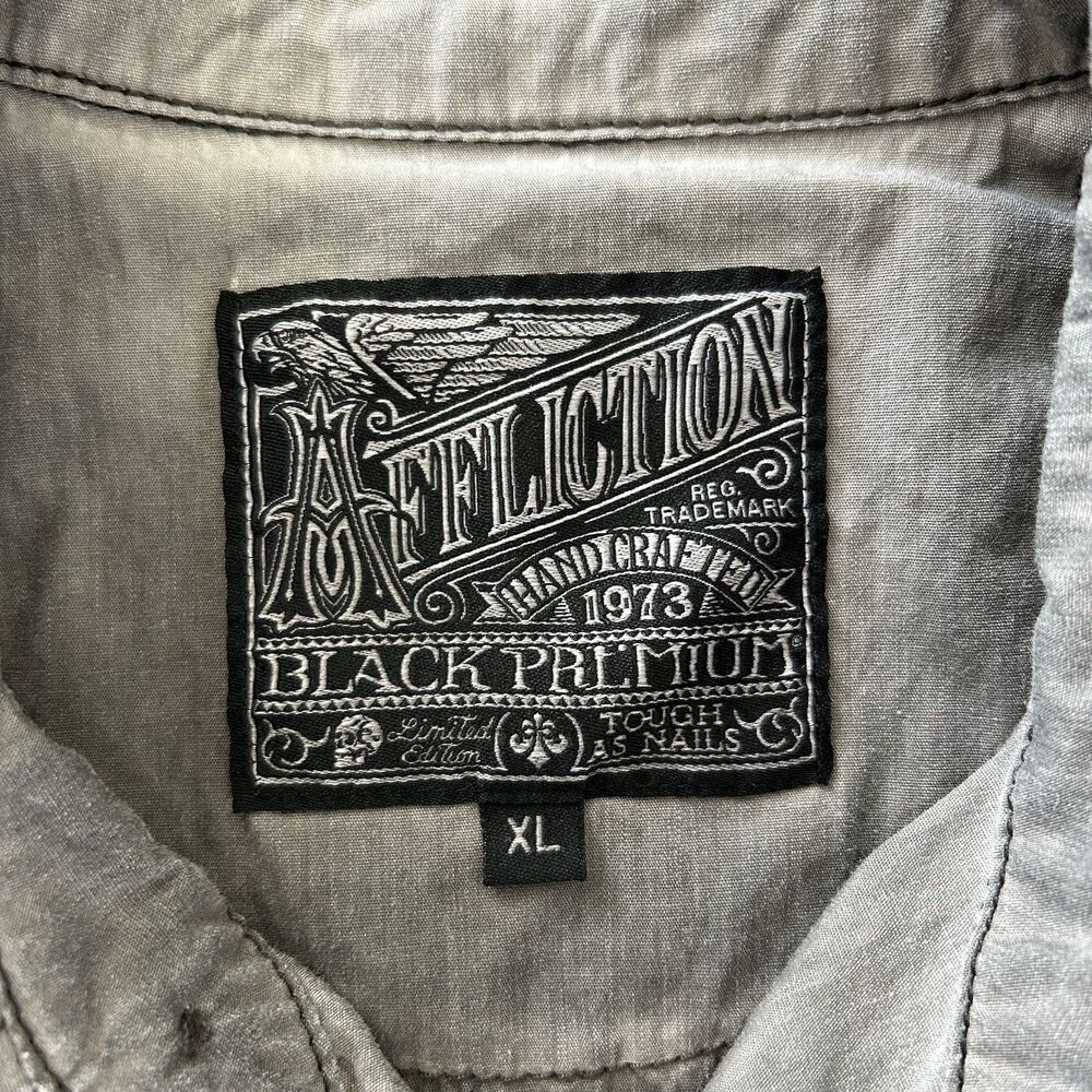 Affliction Black Premium Men XL Speed Shop Skull Button Up Shirt Gray Biker Y2K - Picture 6 of 11
